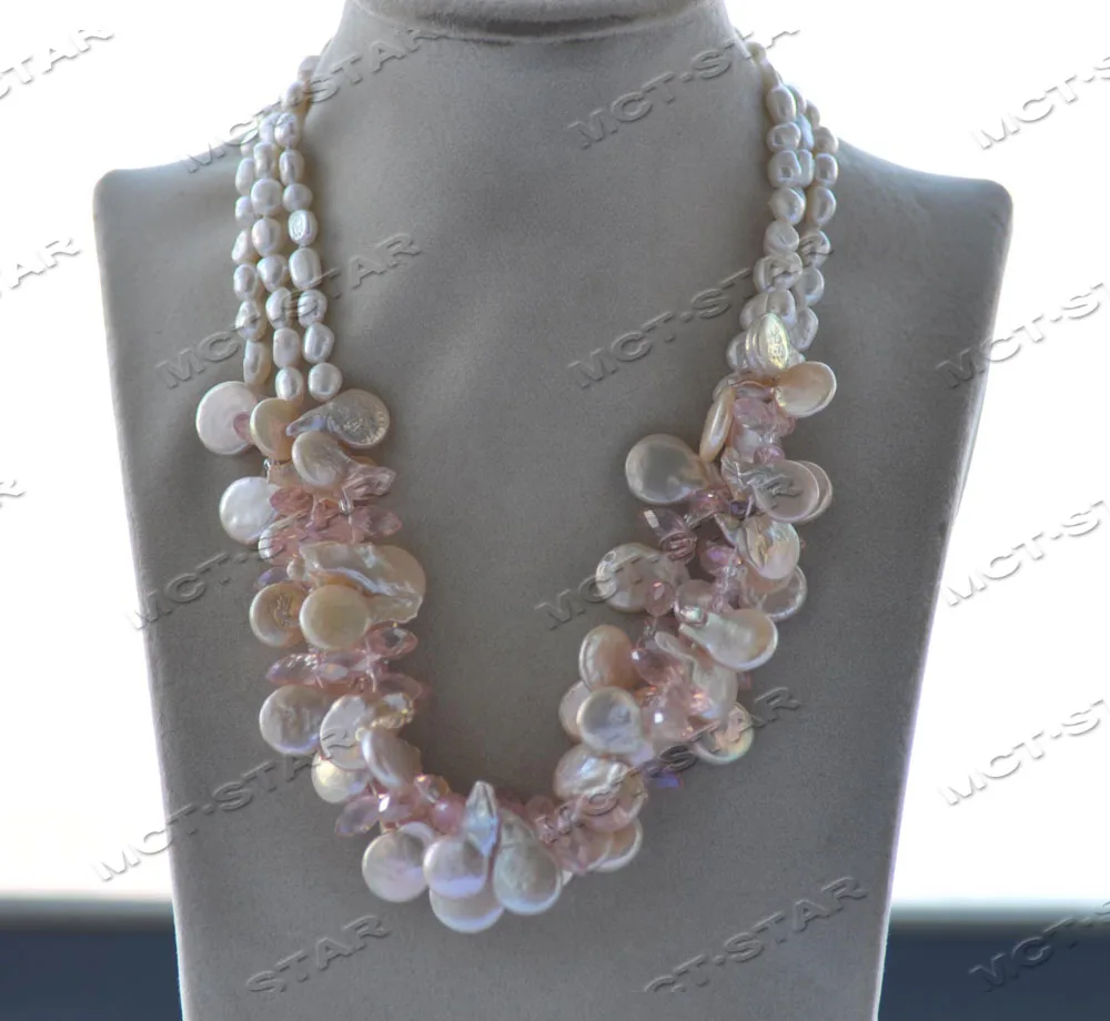 

Z12462 3Row18'' 15mm Pink Coin White Baroque Pearl Drop Faceted Crystal Necklace