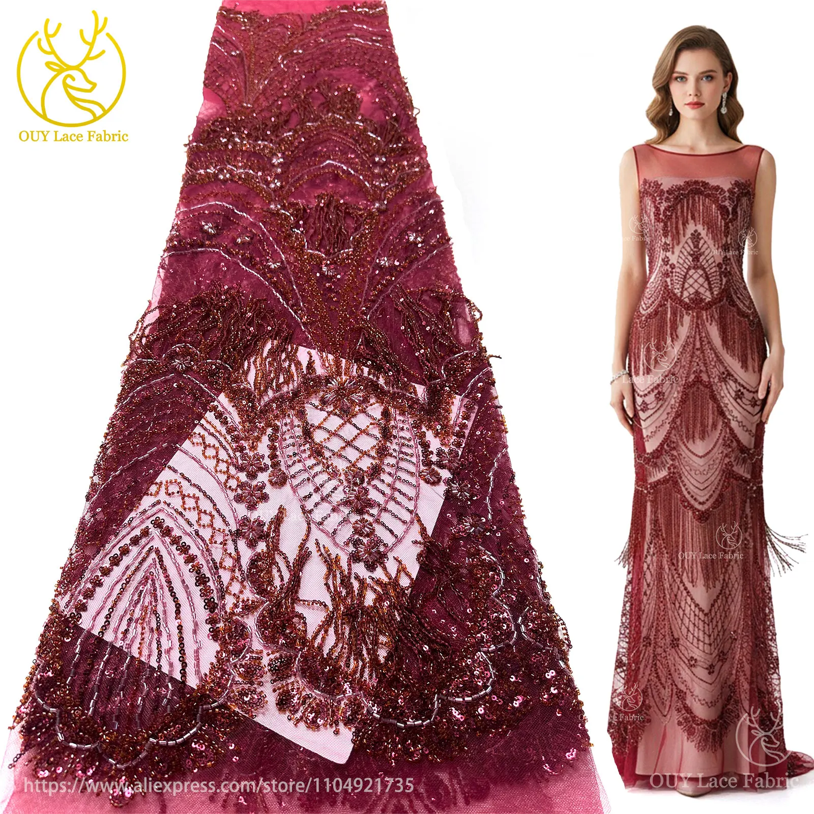 

3D роскошная африканская кружевная ткань ручной работы с подвеской из бисера, 2025, французская нигерийская кружевная ткань с блестками для шитья свадебного платья