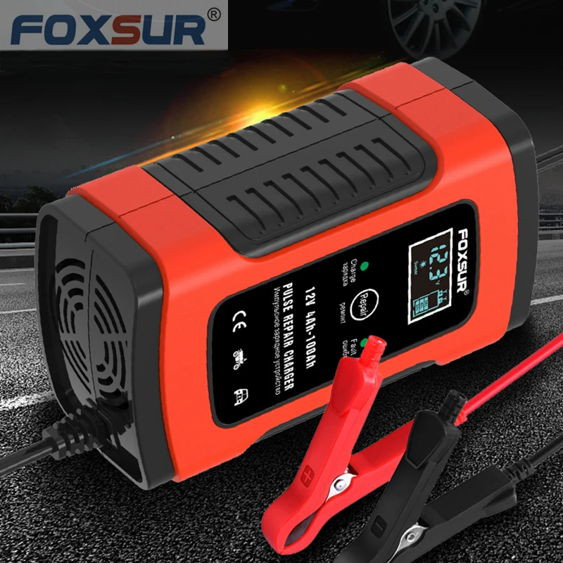 FOXSUR 12V 5A Pulse Repair Charger with LCD Display, Motorcycle & Car Battery Charger, 12V AGM GEL WET Lead Acid Battery Charger