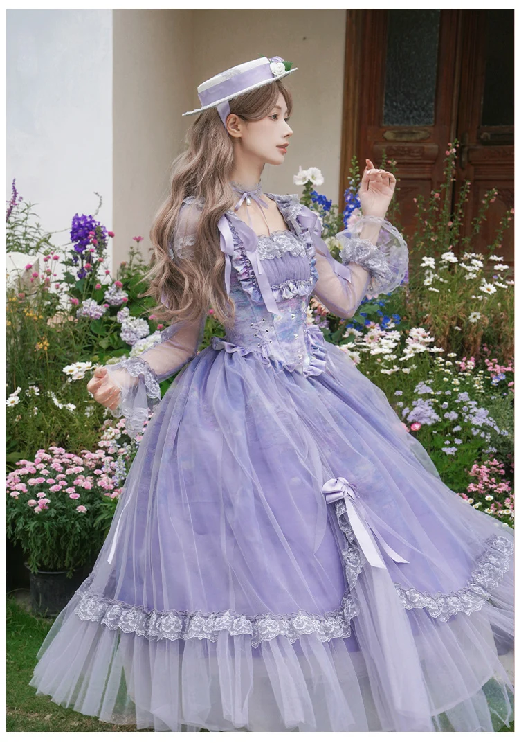 فستان بأكمام طويلة ورقبة مربعة مع حاشية مرفوعة OP فستان عتيق على شكل هيكل السمكة أنيق أرجواني طويل LO للنساء