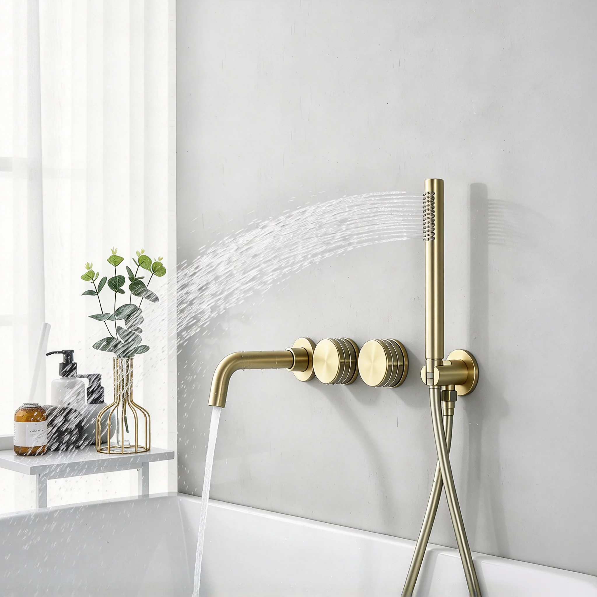Bathtub Faucet Brass Wall Mounted Bathroom Two-Handle Faucet Brushed Gold Shower Faucet Set Hot and Cold Water Mixer Tap