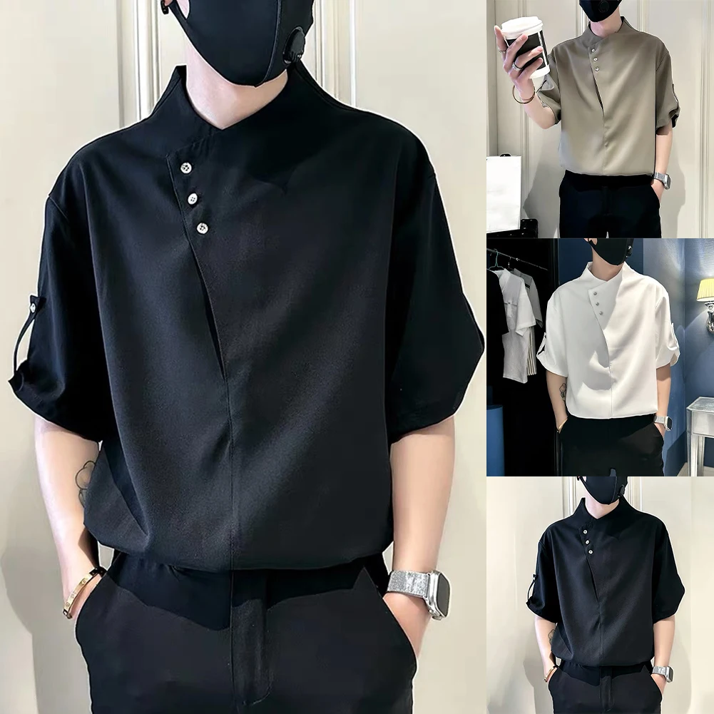 Men Clothing Irregular Collar Half Sleeve Casual Personalized Shirts Handsome Simple Solid Color T-shirts Tops
