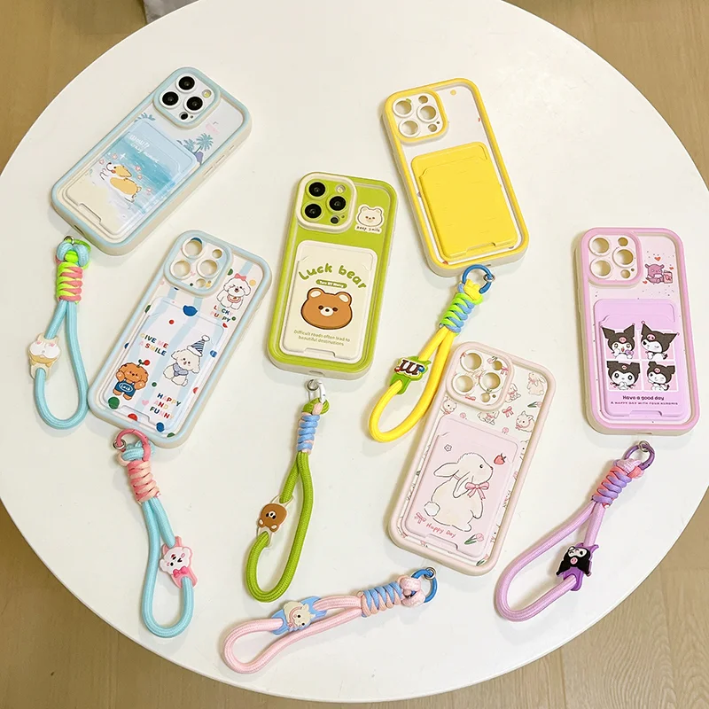 Cartoon Cute Puppy Card Wallet Holder Phone Case For OPPO A58 A57 A56S A55 A54 A53 A52 A38 A36 A35 A33 A32 A31 Wrist Strap Cover