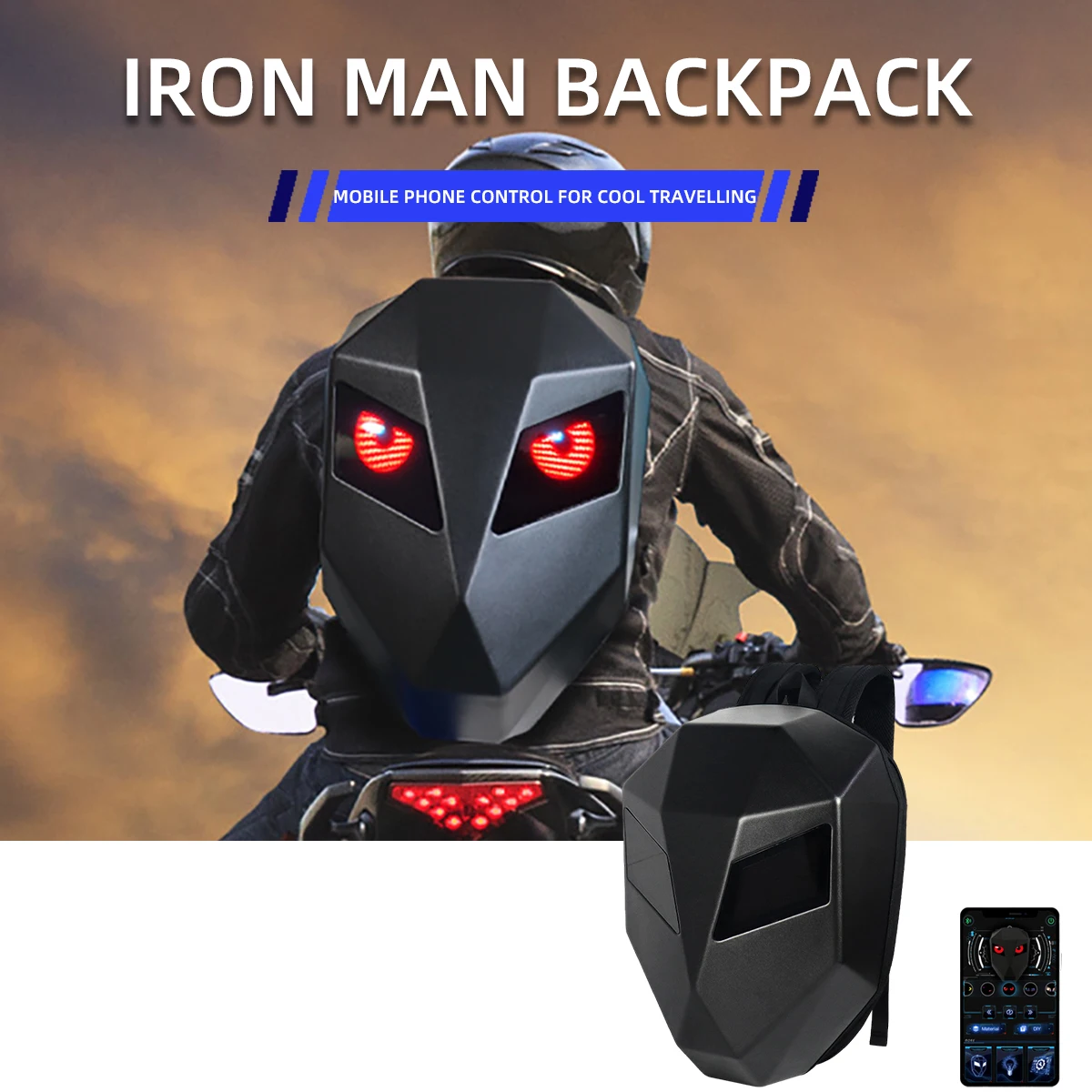 Motorcycle Duffel Bag Bluetooth Control LED Eyes Pattern Riding Backpack Luminous Hard Shell Full Helmet Carrier for Night Rider