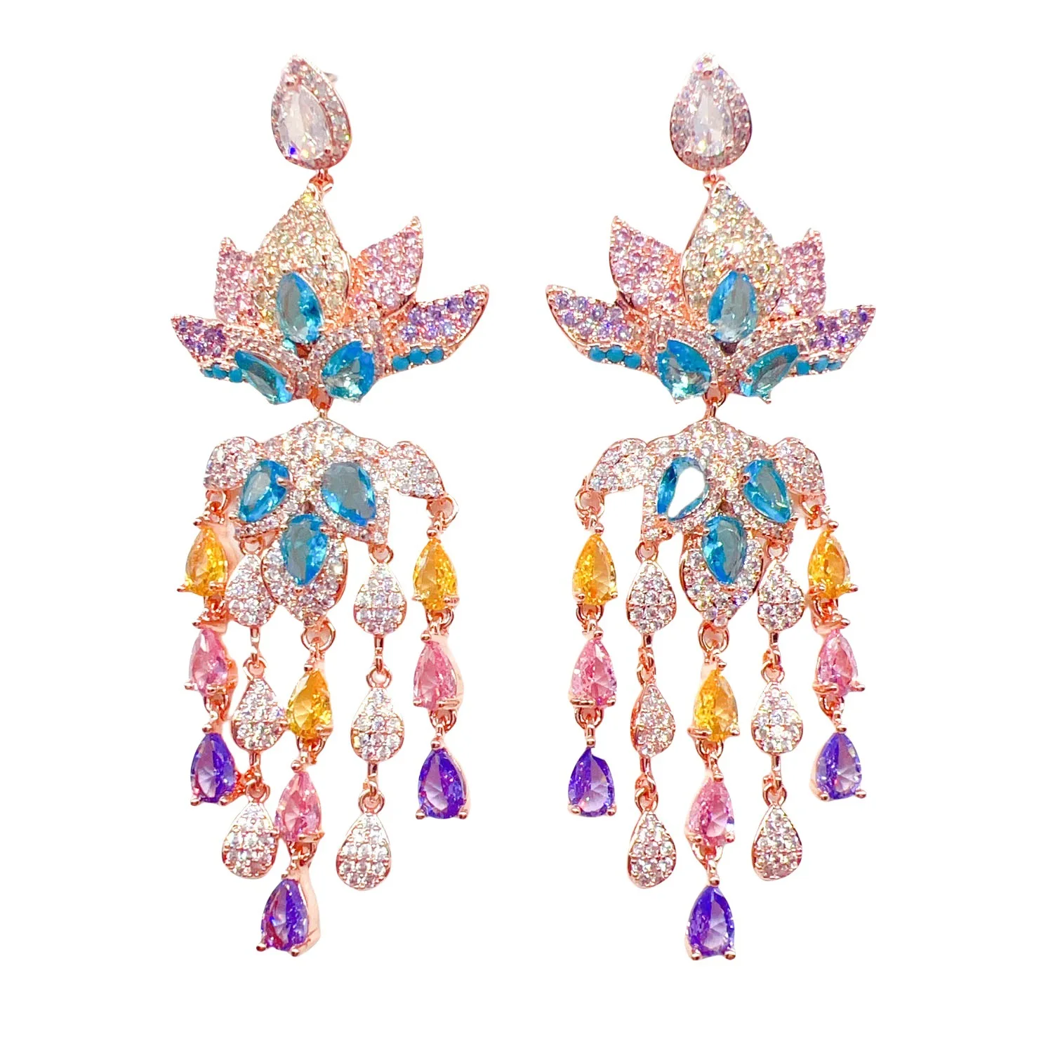 

Gorgeous flower earrings for women wedding dinner party luxury jewelry long tassel dangling earrings lotus colorful zirconia