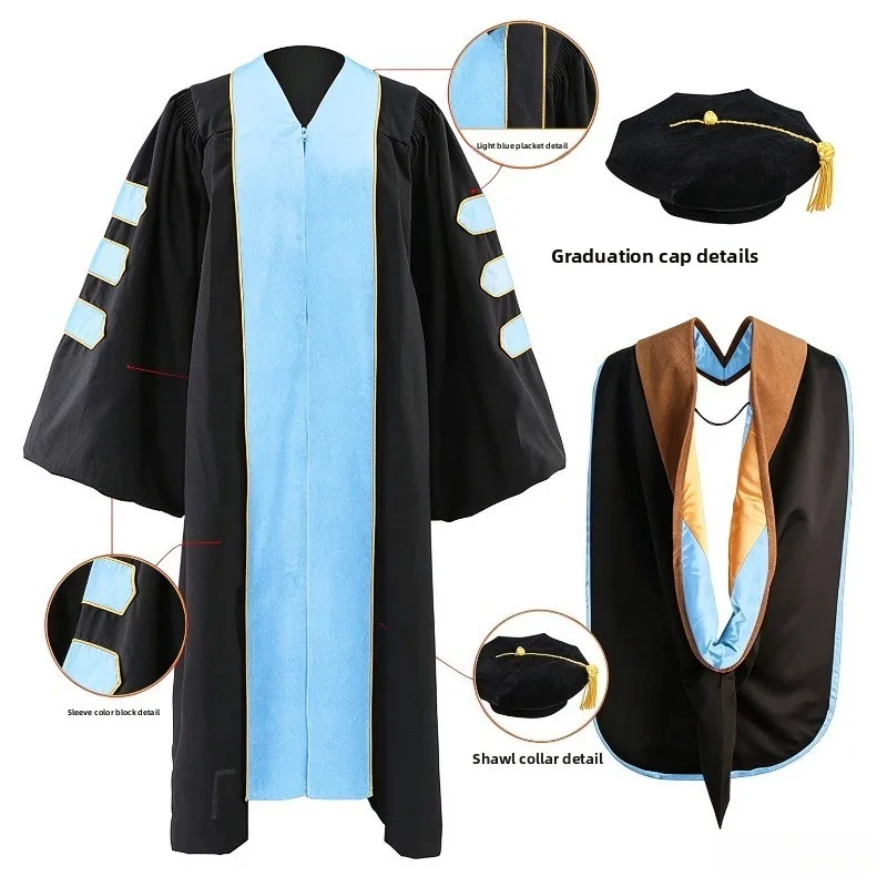 Doctoral Graduation Gown Set, Academic Robe with Hood and Tam Hat, Deluxe Doctorate Costume for University Graduation Ceremony