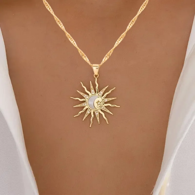 1Pcs Shining Rhinestone Unique Design Sun Star Moon Three In One Pendant Necklace Retro Women's Daily Versatile Party Jewelry image 2