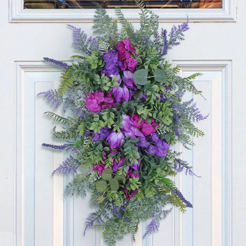 Spring Simulation Purple Tulip Wreath Lilac Tulip Hyacinth Hydrangea Flower Colourful Spring and Summer Wreaths Home Decoration