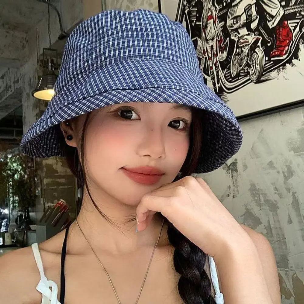 

Fashion Summer Plaid Bucket Cap Curled Quick-dry Plaid Sun Hat Bow Foldable Fisherman Caps Travel