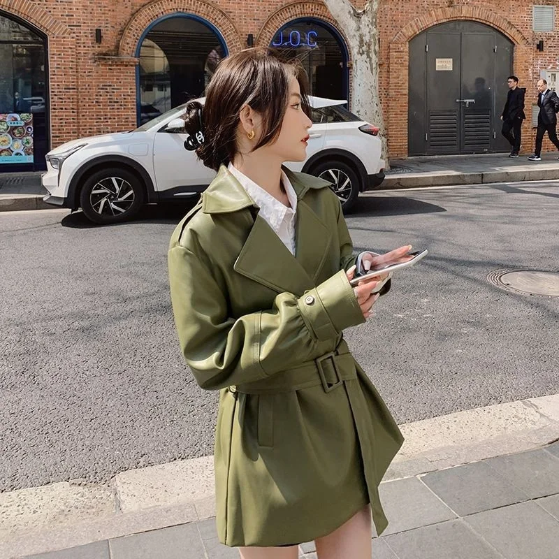 2024 Spring Women Casual Mid-length Green Faux PU Leather Jacket With Sashes Autumn Lapel Long-sleeve Pu Biker Jacket Streetwear