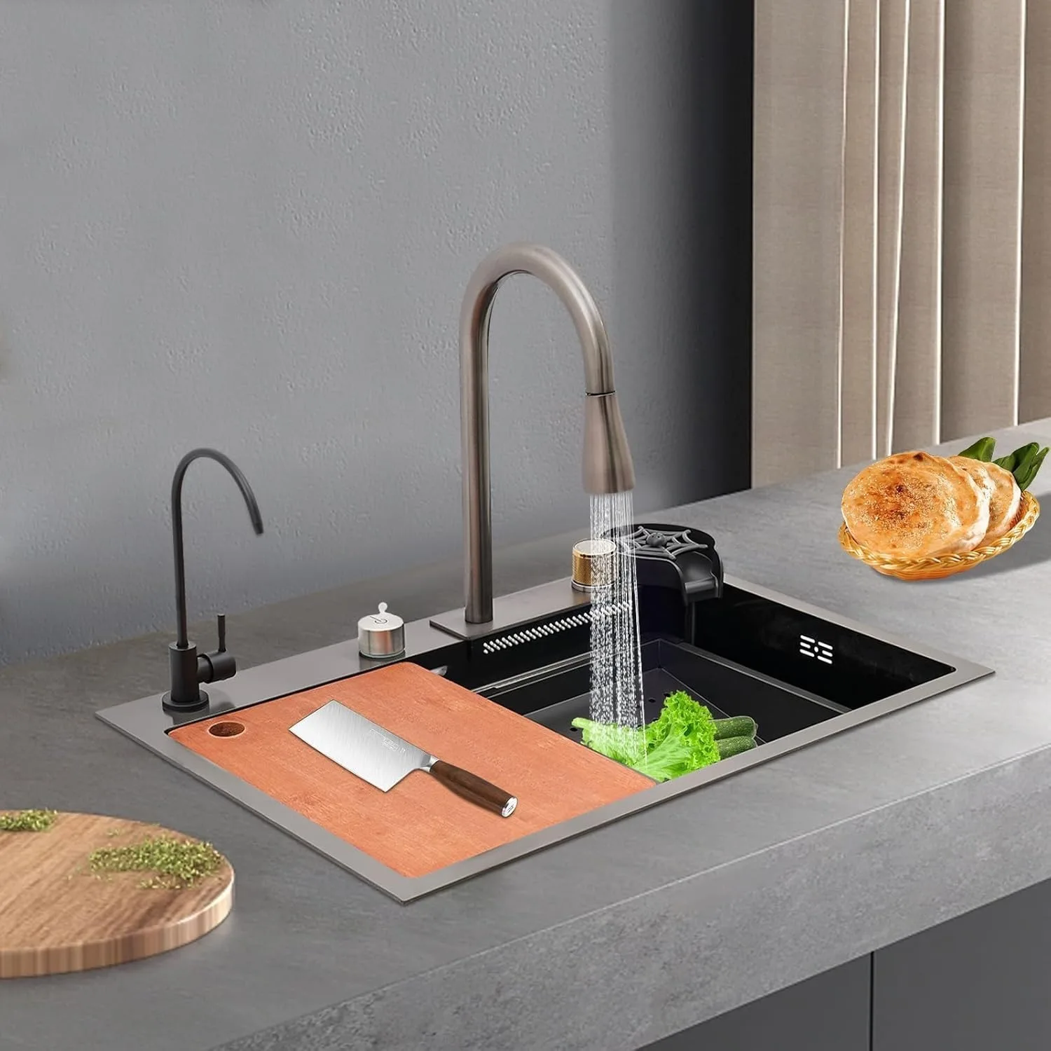 Évier de cuisine à cascade en acier inoxydable 304, ensemble d\'évier domestique, évier intégré avec perfections, barre unique