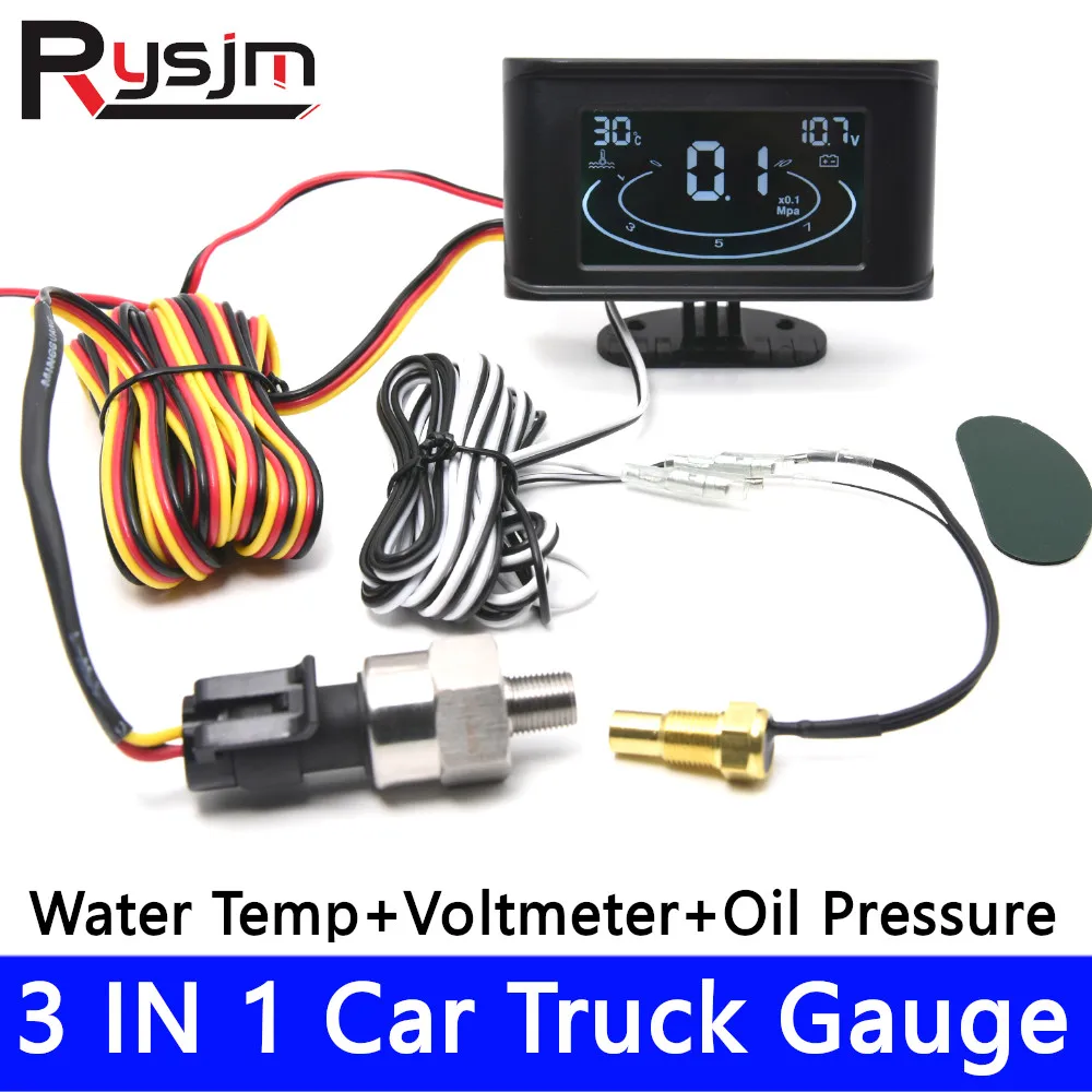 3 in 1 Car LCD Digital Meter Oil Pressure+Voltmeter + Water Temperature Gauge With Alarm 12V 24V NPT 1/8 Pressure Sensor