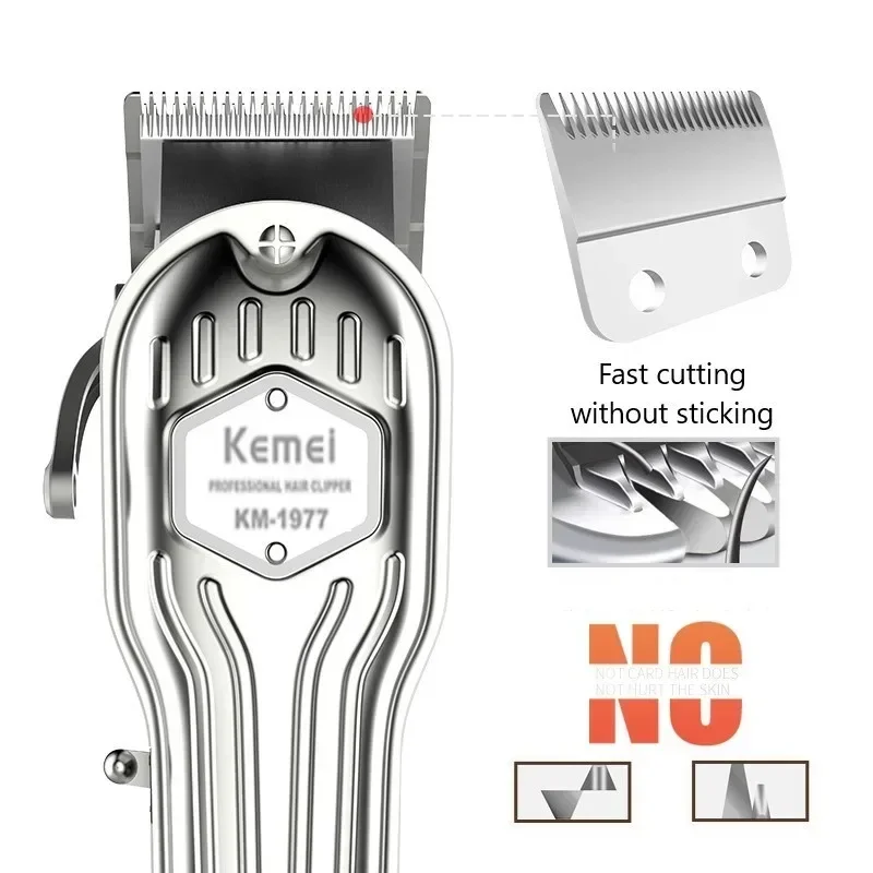 Kemei Recarregável Electric Hair Clipper, Metal Barber Hair Trimmer, Motor de Alta Velocidade, Trabalhando, Design Personalizado, KM-1977