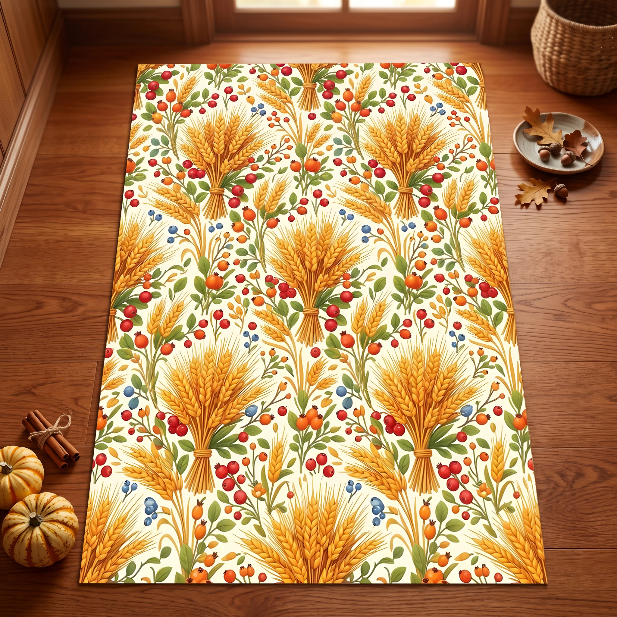 Golden Wheat, Berry, and Floral Velvet Rug, Perfect for Autumn and Winter, Suitable for Living Room, Bedroom, and Bedside, Creating a Warm and Cozy Autumn Harvest Atmosphere