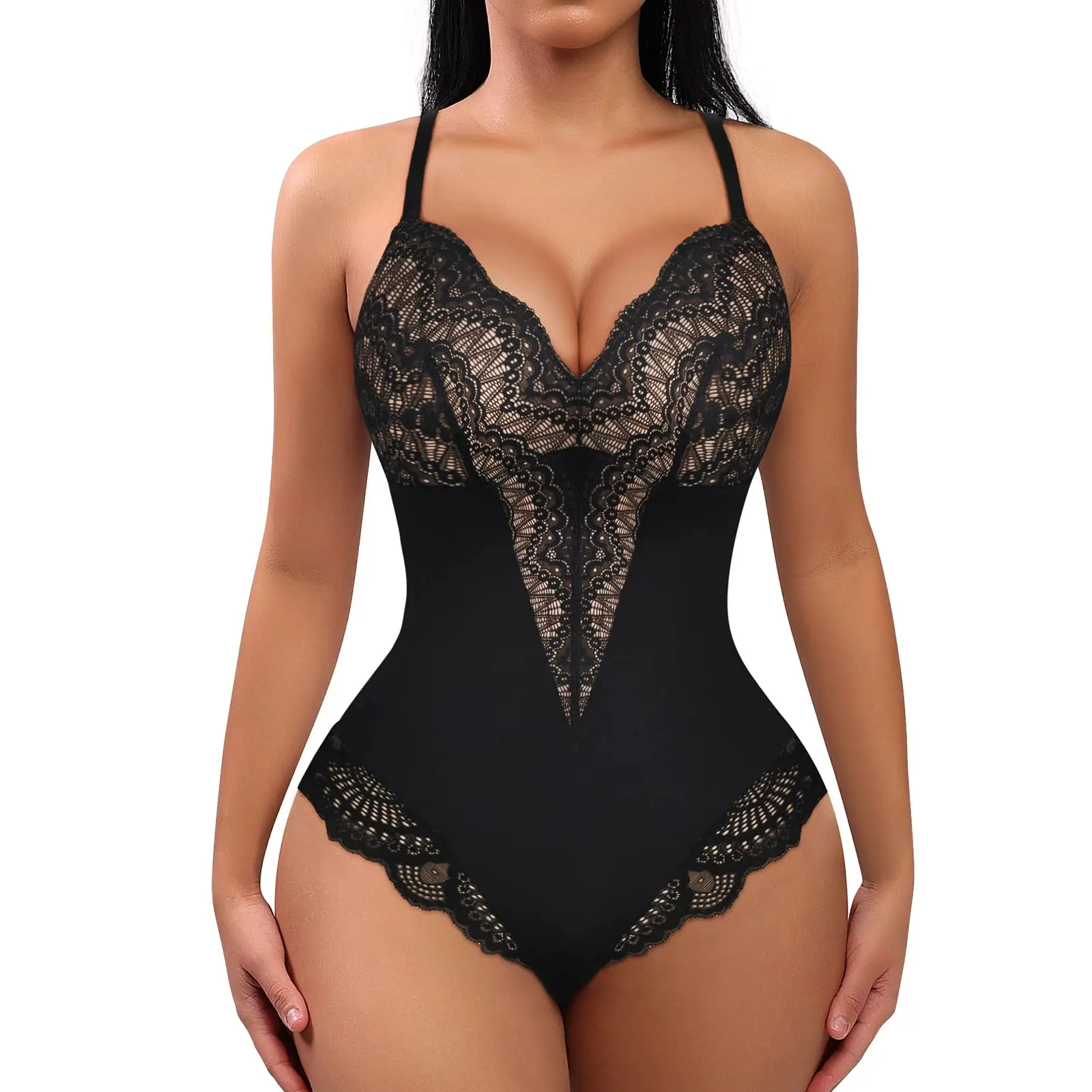 Pop Lace Bodysuit for Women Tummy Control Shapewear V Neck Backless Tank Tops One Piece Body Shaper Fajas Thongs Sexy Body Shape