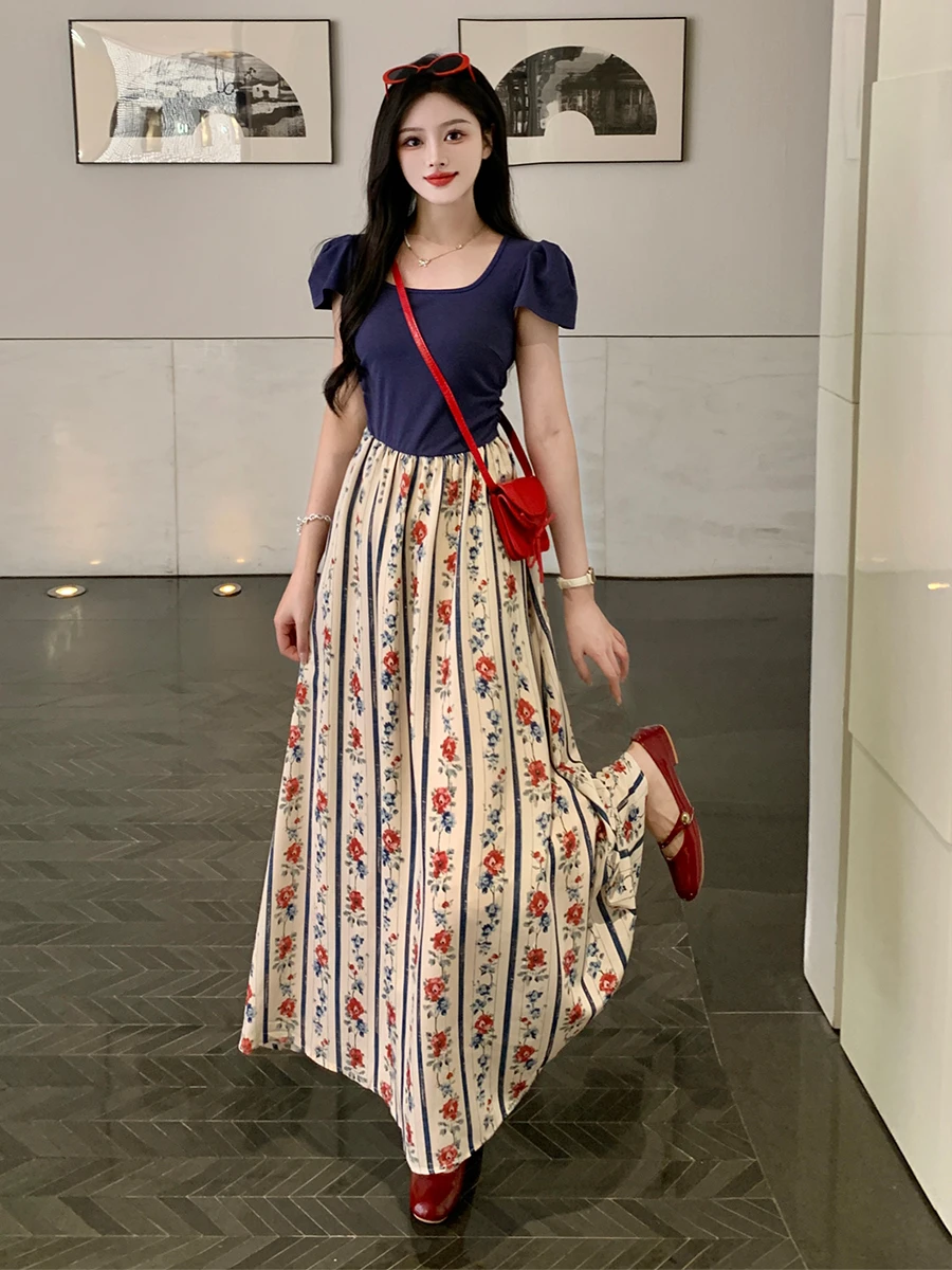 Retro Floral Print Maxi Dr Women's Summer Faion Slimming A-Line Gown Ele plus Size Fake Two-Piece Sle ort Sve