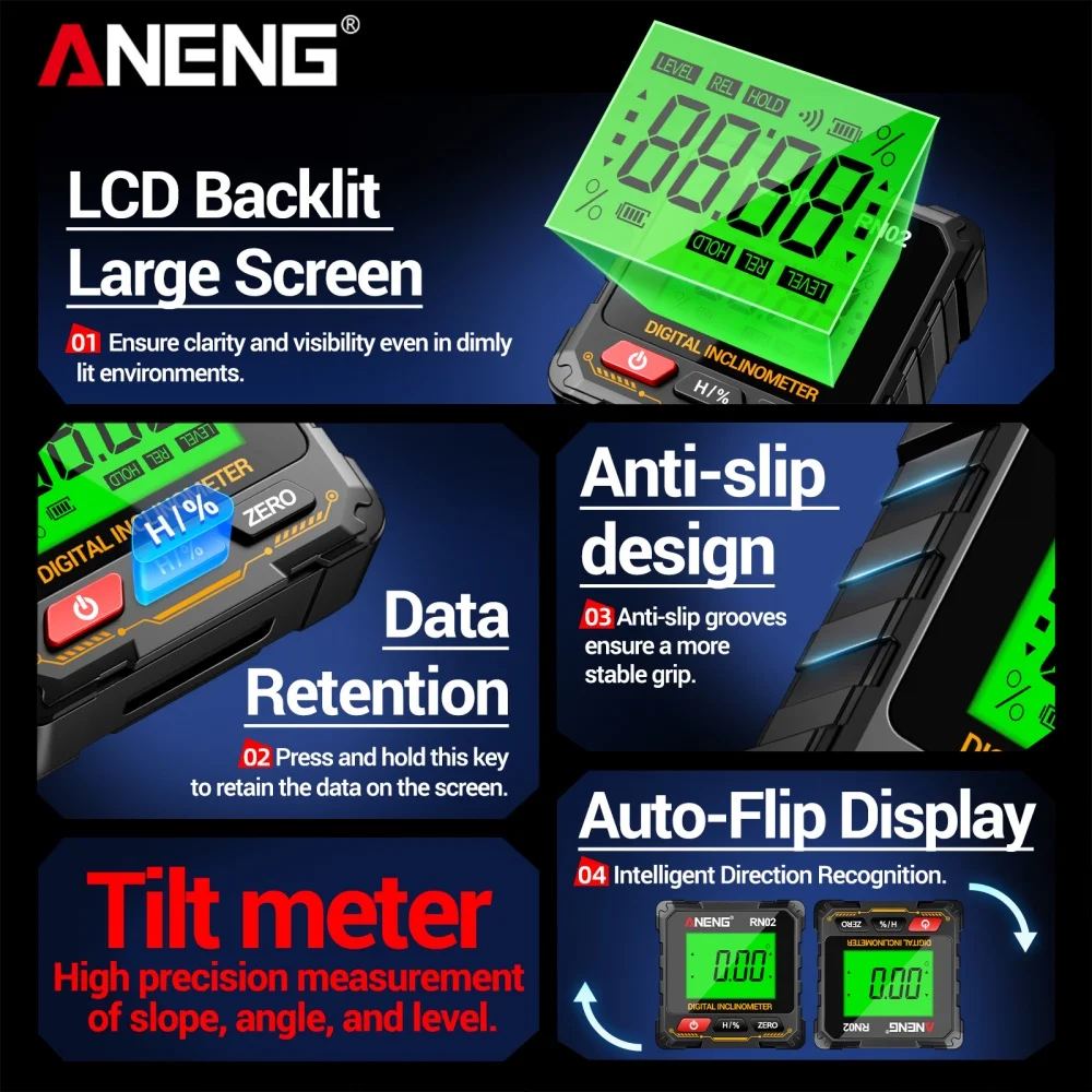 Magnetischer digitaler Winkelmesser ANENG RN03 Laser-Neigungsmesser, wiederaufladbarer USB-Winkelmesser, Winkellineal, Winkelmessung
