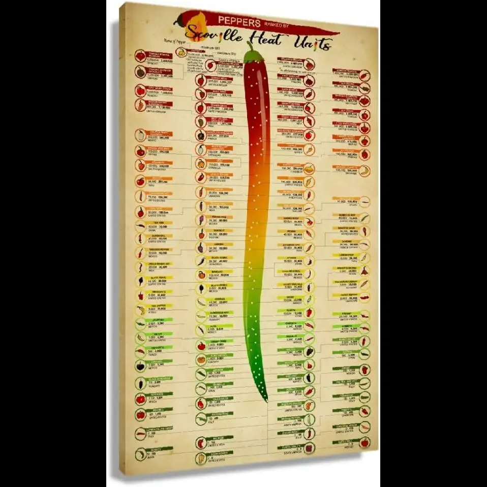 Póster enmarcado a escala Scoville Vintage, gráfico de calor de pimienta de Chile, Impresión de lienzo, decoración artística de pared de cocina