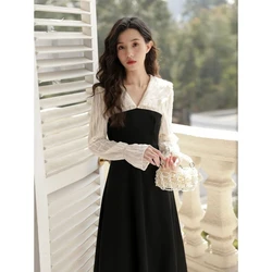 French Retro Patchwork Fake Two-piece Doll Collar with Lace Ruffle Sleeves Hepburn Style Design Waist Cinching Slimming Dress