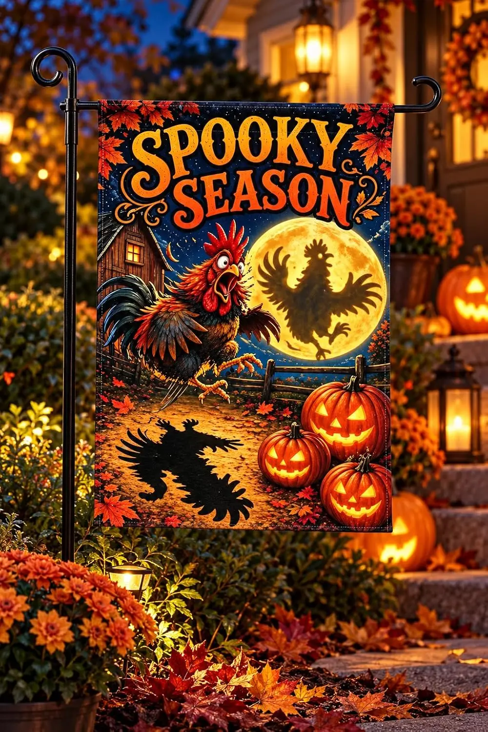 Spooky Season Halloween Garden Flag,Rooster with Pumpkins,Full Moon Design jaa