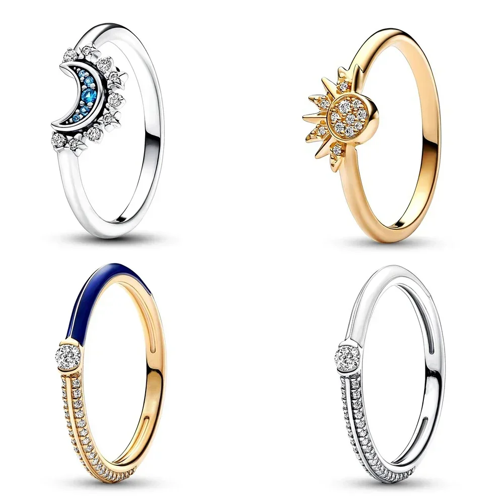 2023 New 925 Sterling Silver Celestial Blue Sparkling Moon Sun Rings ME White Dual Ring Fit Women Gifts