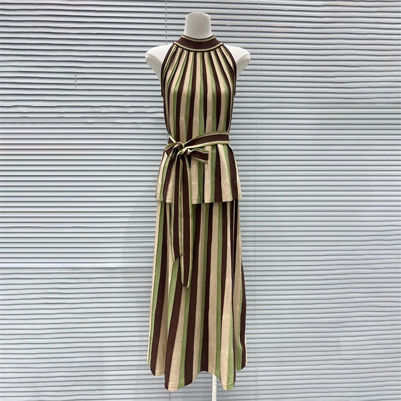 

New Summer Women's Round Neck Heavy Sequin KnitSleeveless Vest Set High-Quality Fashionable Slim Fit Striped Skirt Two-Piece Set