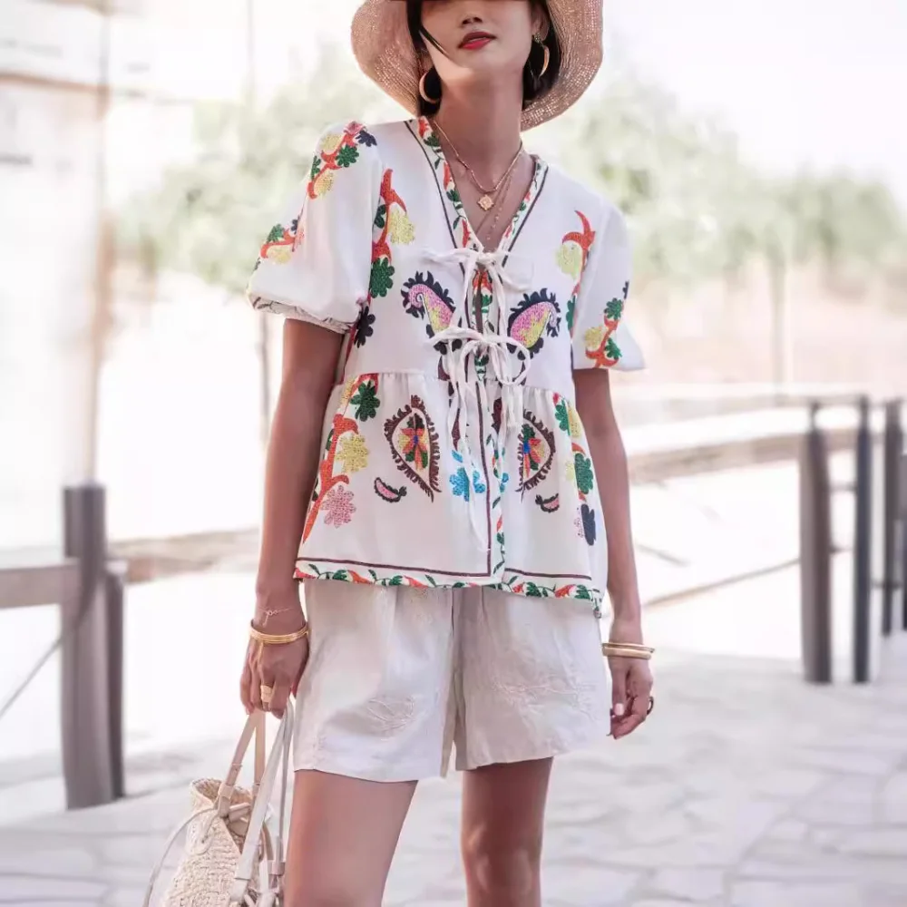 

2024 New Fashionable Casual Comfortable Cardigan Short Sleeved, Lace Up Short Sleeved+shorts Shirt Set