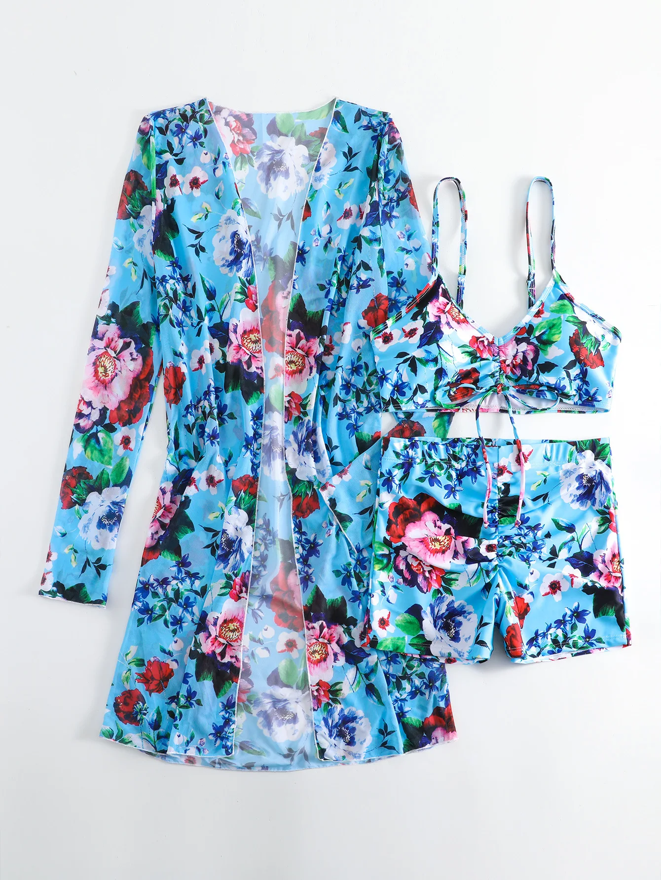 Fashion 3 Piece Swimsuit with Mesh Long Sleeve Cover Up Drawstring Bikini Set Push Up High Waisted Bathing Suit Women Beach Wear