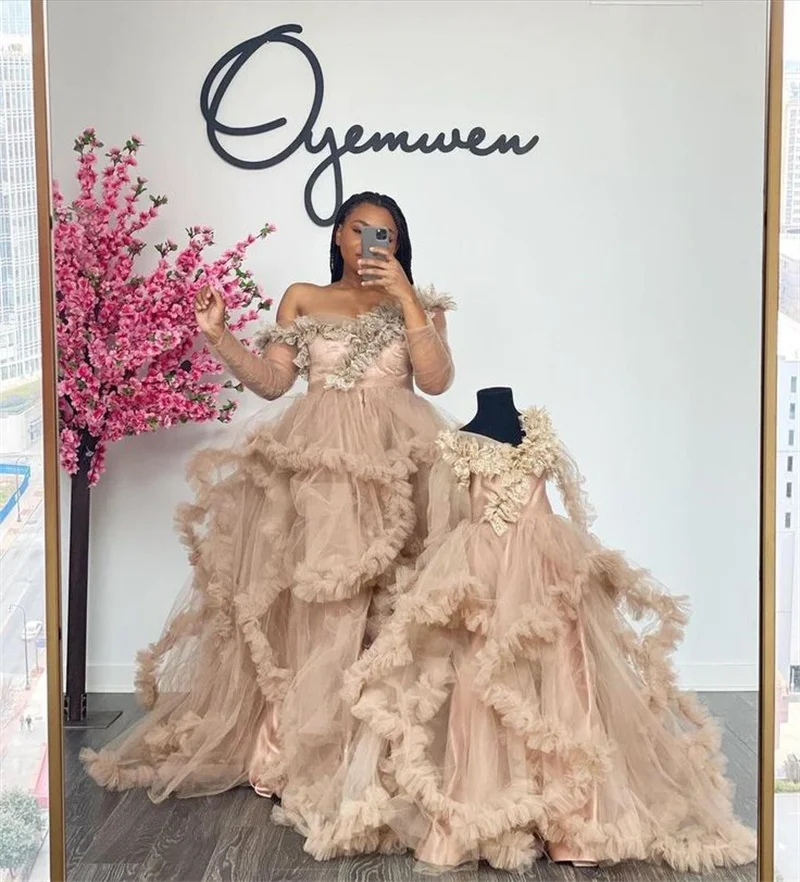 Khaki Pregnant Women Prom Dress Off Shoulder Short Sleeves Tiered Mesh Tulle Maternity Bridal Robe Party Evening Gown Customized