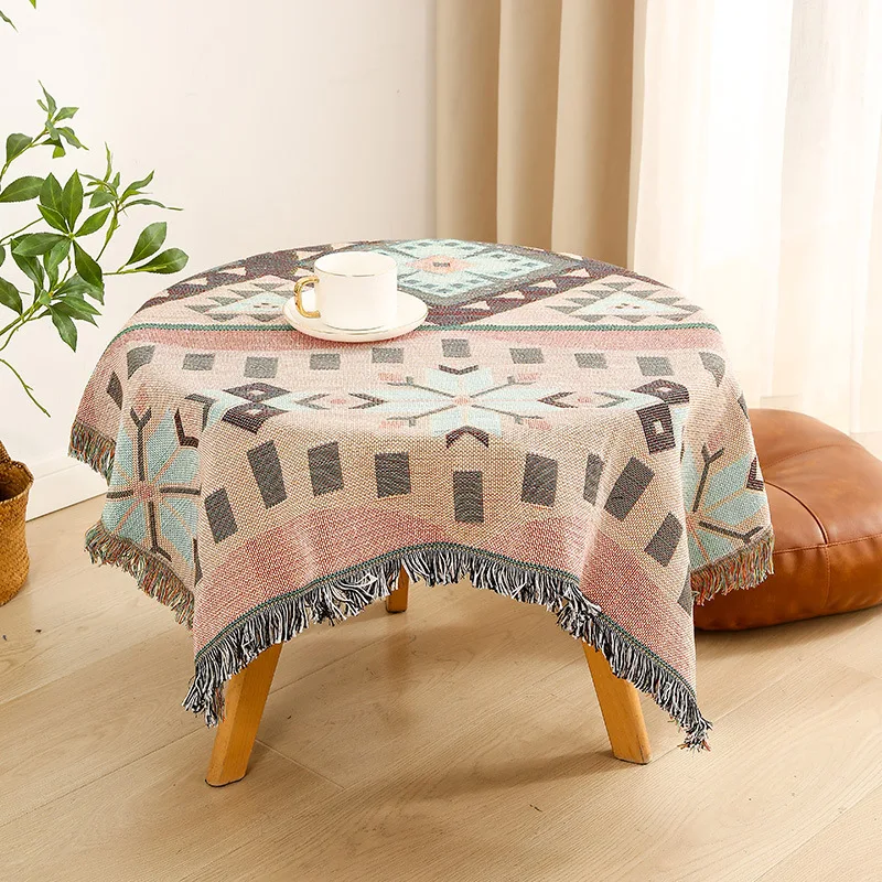 

Bohemian Double-sided Pink Geometric Woven Table Cloth Tablecover Spread Sofa Chair Tapestry Bedspread Fringed Throwing Blanket