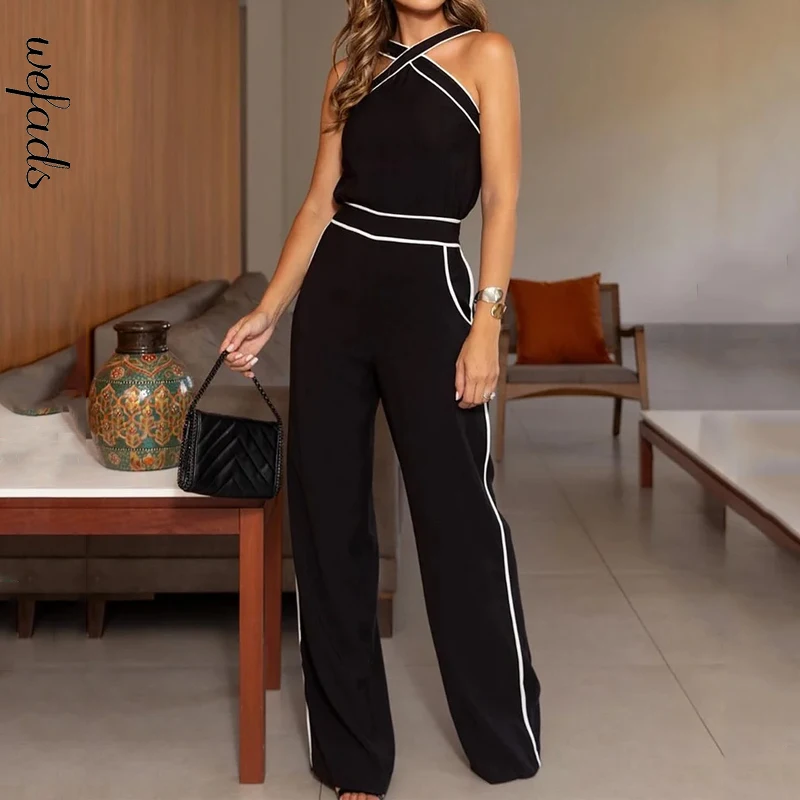 Wefads Two Piece Set Women Summer Fashion Sleeveless Criss-Cross Backless Pollver Top Loose Wide Legs With Pockets Pants Sets