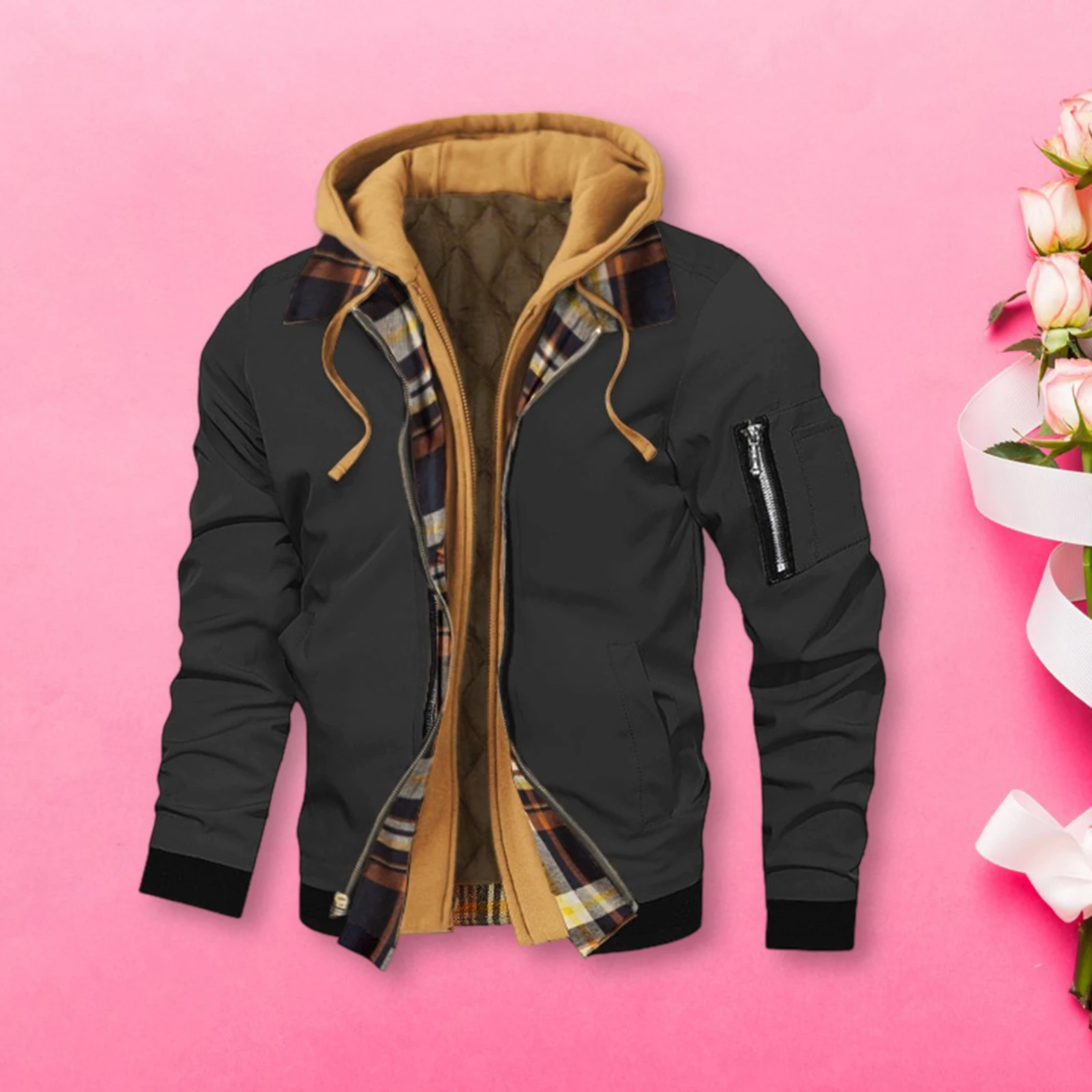 سترة شتوية بغطاء للرأس للرجال كاجوال بتصميم مكون من قطعتين وسحاب وأكمام طويلة معاطف دافئة