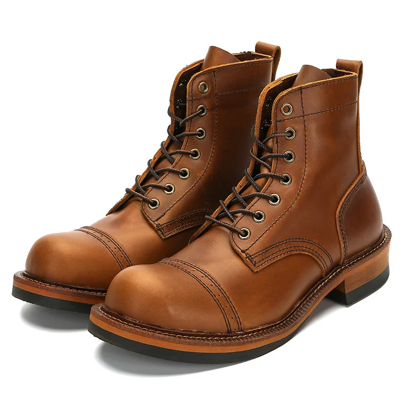 Men's Genuine Leather Motorcycle Boots Leisure Work&Safety Boots Vintage Mid-calf Retro Casual Goodyear craft High top Shoes
