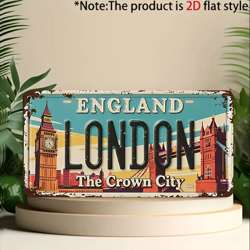 Vintage London Metal License Plate Sign, Retro Wall Decor for Home Garage Man Cave Gift