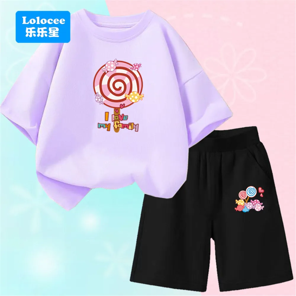 زي مصاصة الحلوى الوردية للأطفال "I Love My Family" من Lolocee، تي شيرت بأكمام قصيرة + شورت مرن، ملابس صيفية للفتيات الجميلات