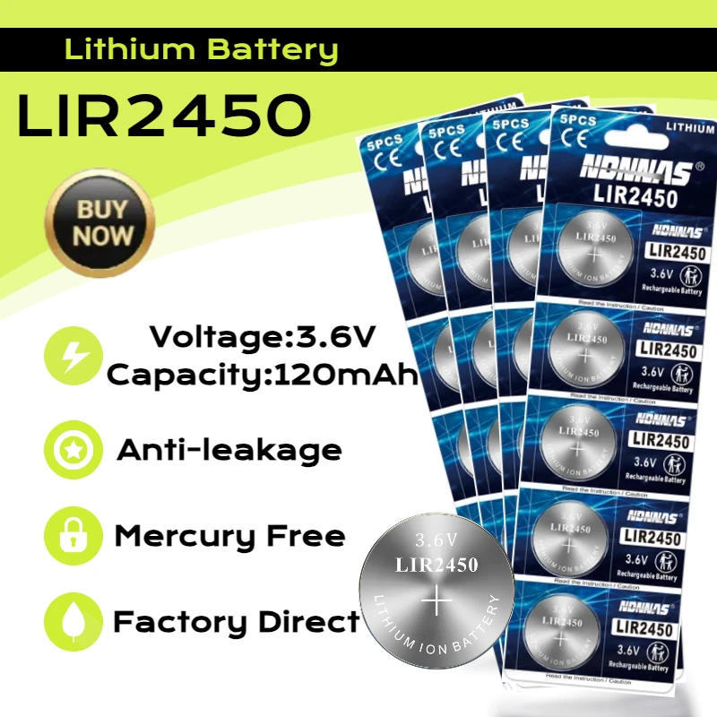 

LIR2450 3.6V Rechargeable Lithium Rechargeable Battery Replace CR2450 For Watch Camera Remote Control Calculatorl Clock