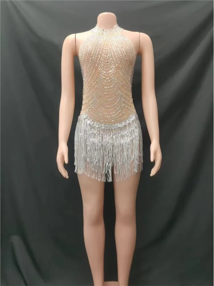 

Stock Promotion New Sexy Sparkly Rhinestones Mesh See Through Tassel Bodysuit For Women