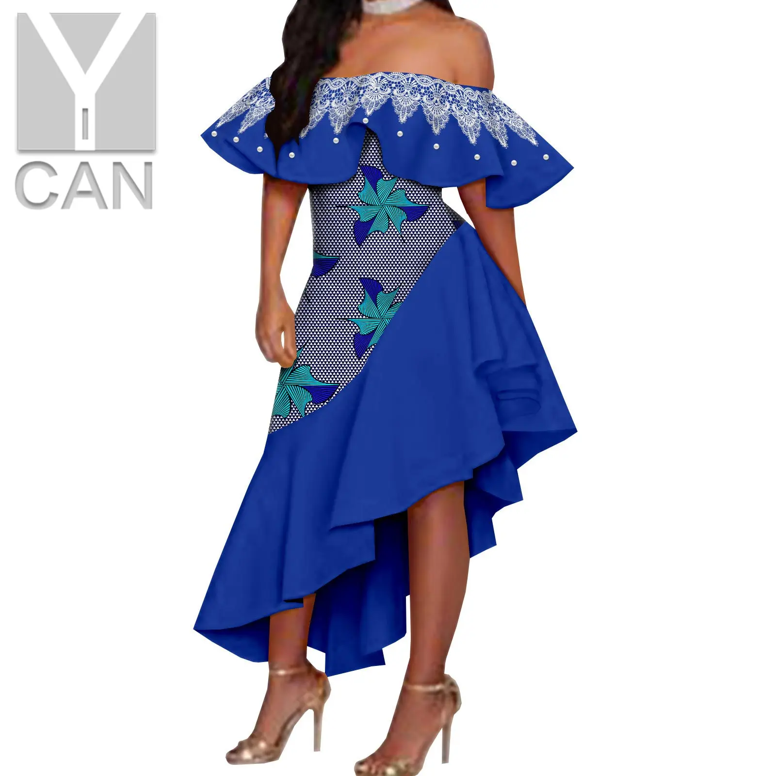 

African Dresses for Women Bazin Riche Ankara Print Lace Pearls Ruffles Party Asymmetrical Long Skirt Traditiona Clothes Y2225004
