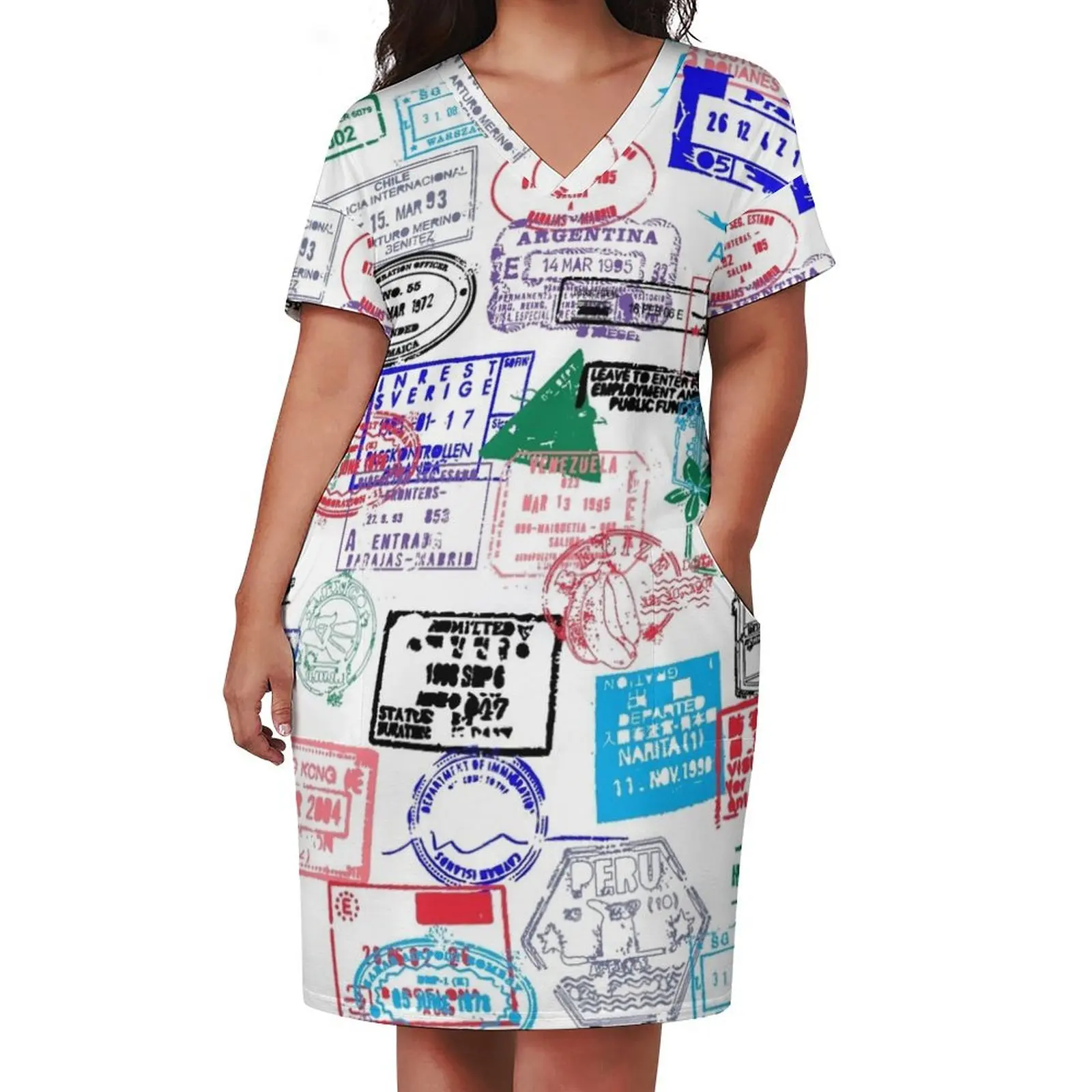 Series Of World Travel Passport Stamps Loose Pocket Dress beach dress Female clothing