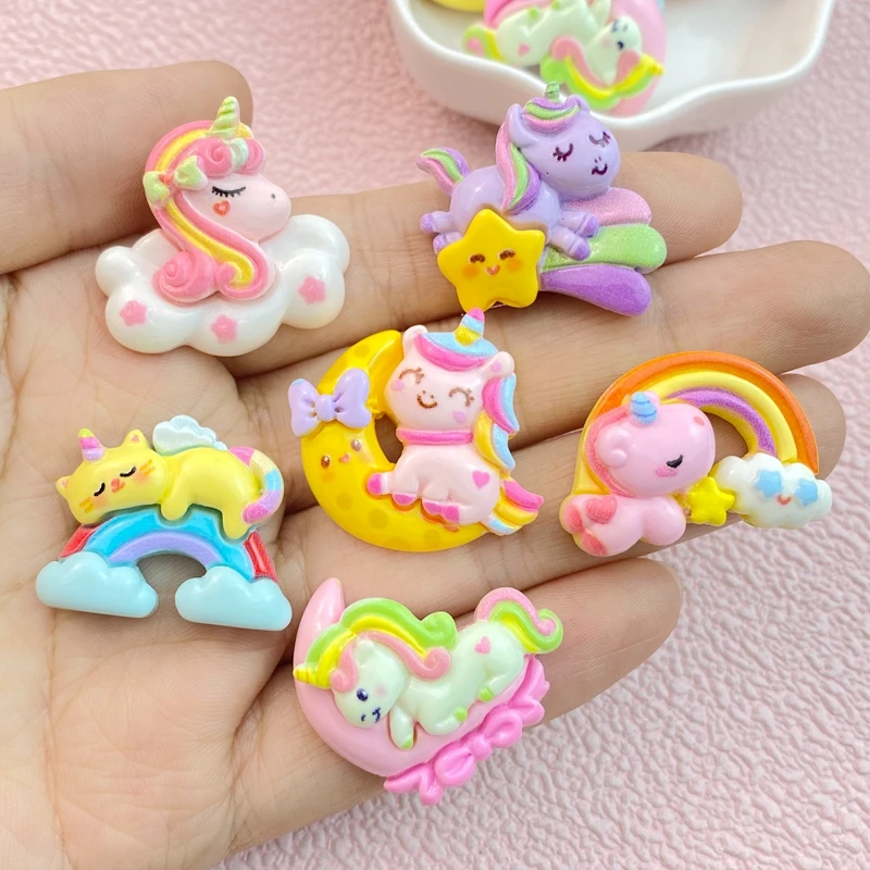 10Pcs New Cute Cartoon Rainbow Unicorn Series Flat Back Ornament Jewelry Bows Accessories