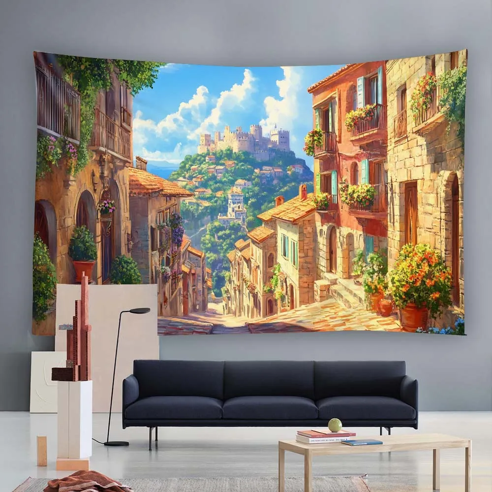 

Bohemian printed tapestry home wall decoration living room art hanging cloth retro town garden sea view wall hanging poster