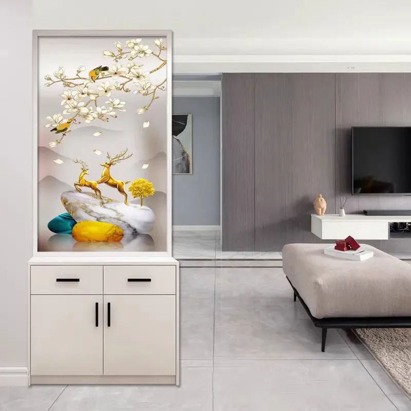 Modern Entryway Shoe Cabinet with Art Glass Partition Screen for Living Room Bathroom Home Storage and Space Divider