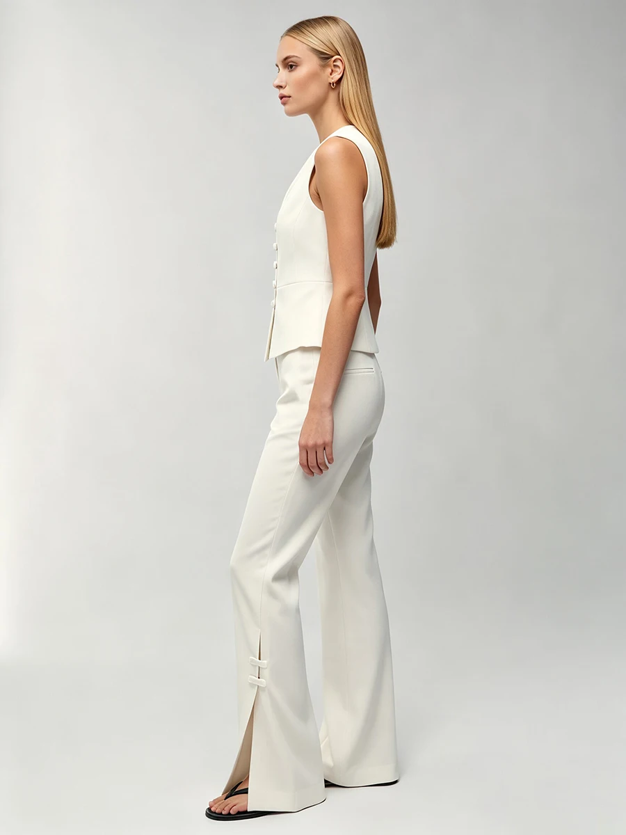 LIMO Women White Chinese Frog Button Sleeveless Vest  Suit  Waist Flare Pants Elegant Office Formal Matching Outfit Set - view 4