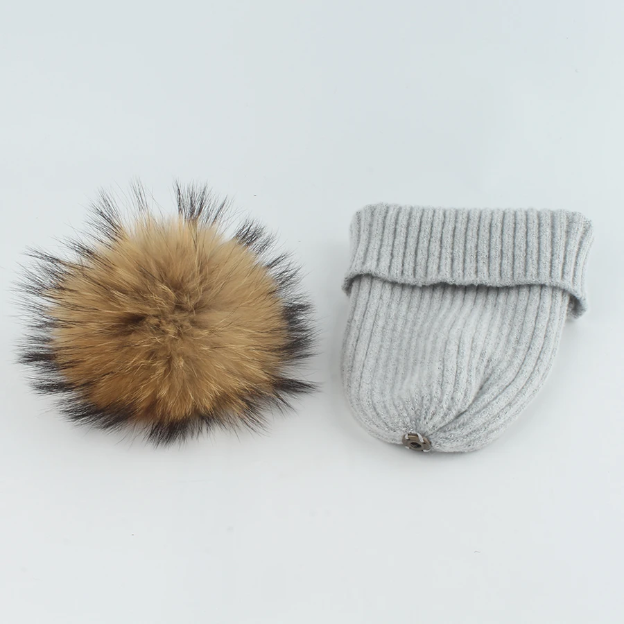 NEW Real Raccoon Fur Pom Pom Hats For Women Warm Striped Knitted Hat Winter Girls Fox Ball Beanies Skullies Outdoor Female Cap 6