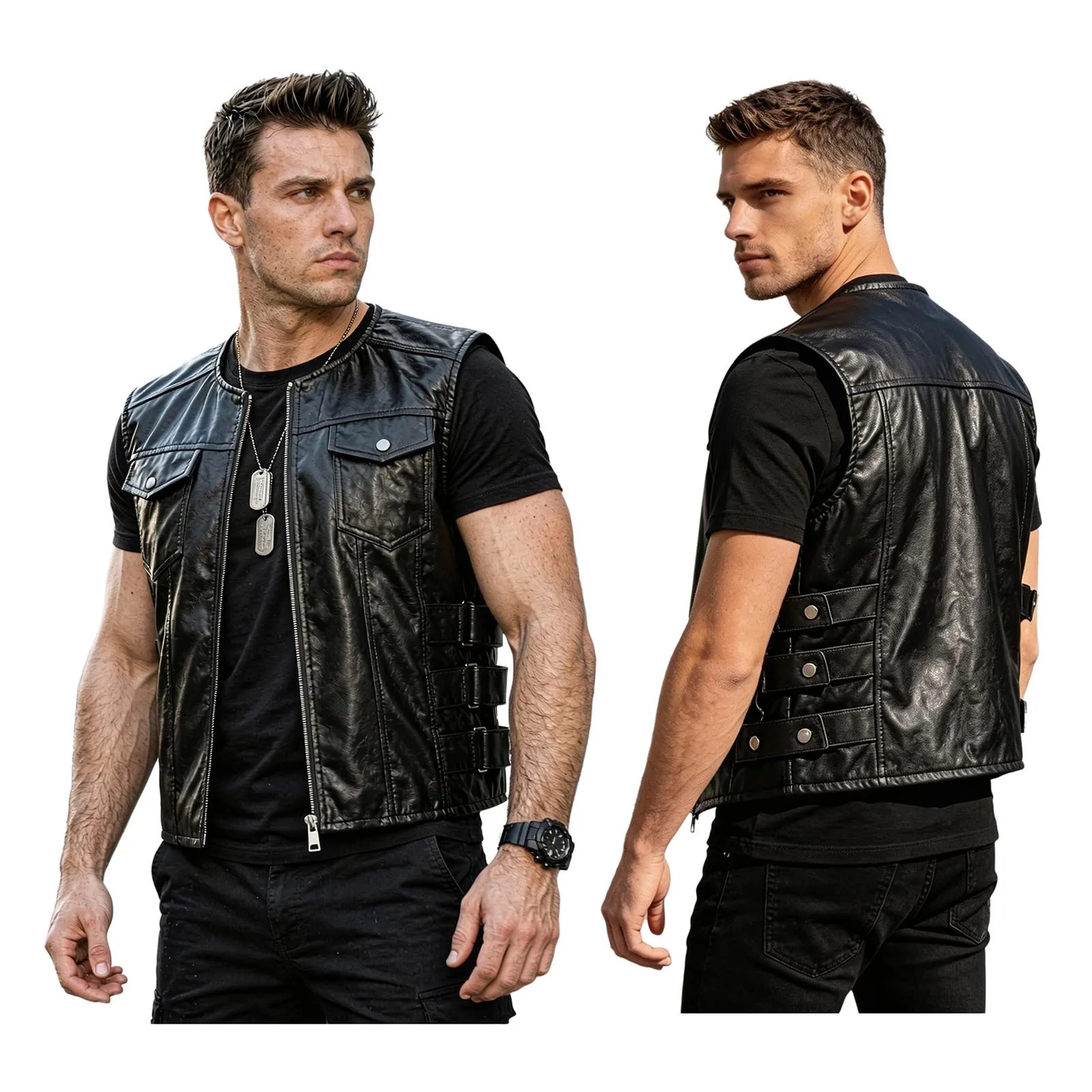 Men Fashion Casual Faux Leather Motorcycle Vest Zipper Side Button Straps PU Riding Club Jacket Streetwear Rock Festival Costume