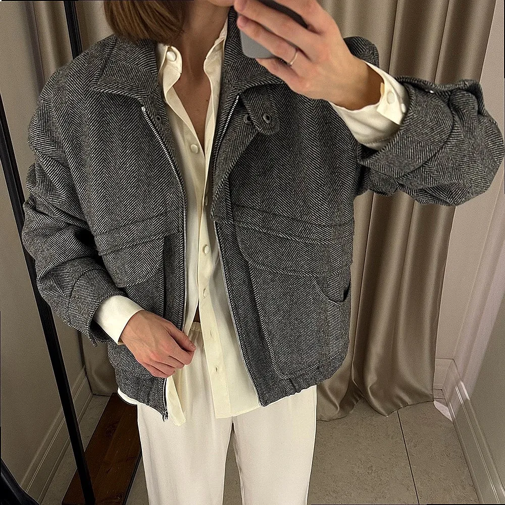 Herringbone Stand Collar Jackets, Zip Pocket Coat, Loose Wool Blend Outerwear, Spring Autumn Coats
