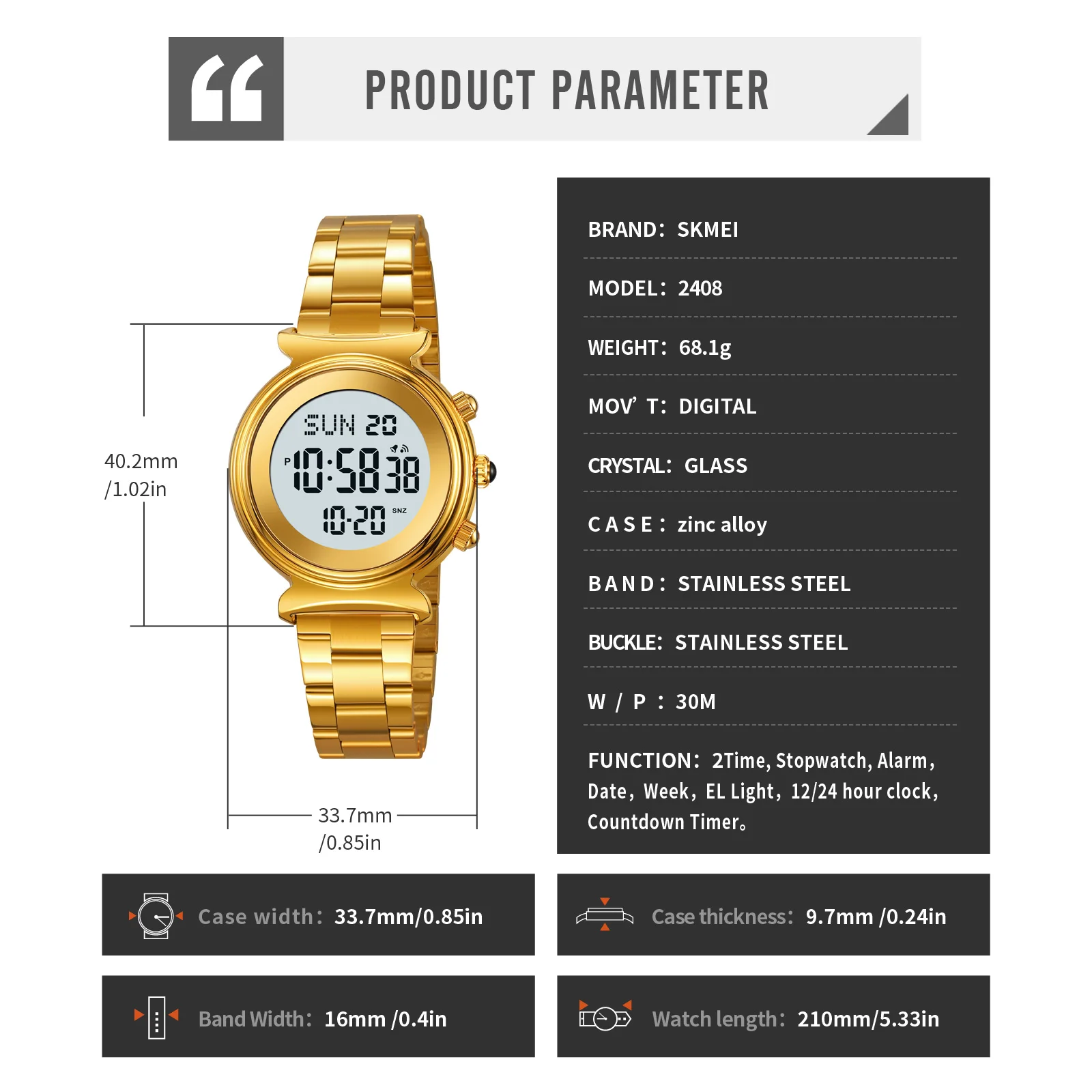 Skmei 2408 ساعات يد مزدوجة المنطقة الزمنية للنساء الفاخرة حزام الصلب مقاوم للماء ساعة توقيت موضة السيدات ساعة اليد الرقمية #6
