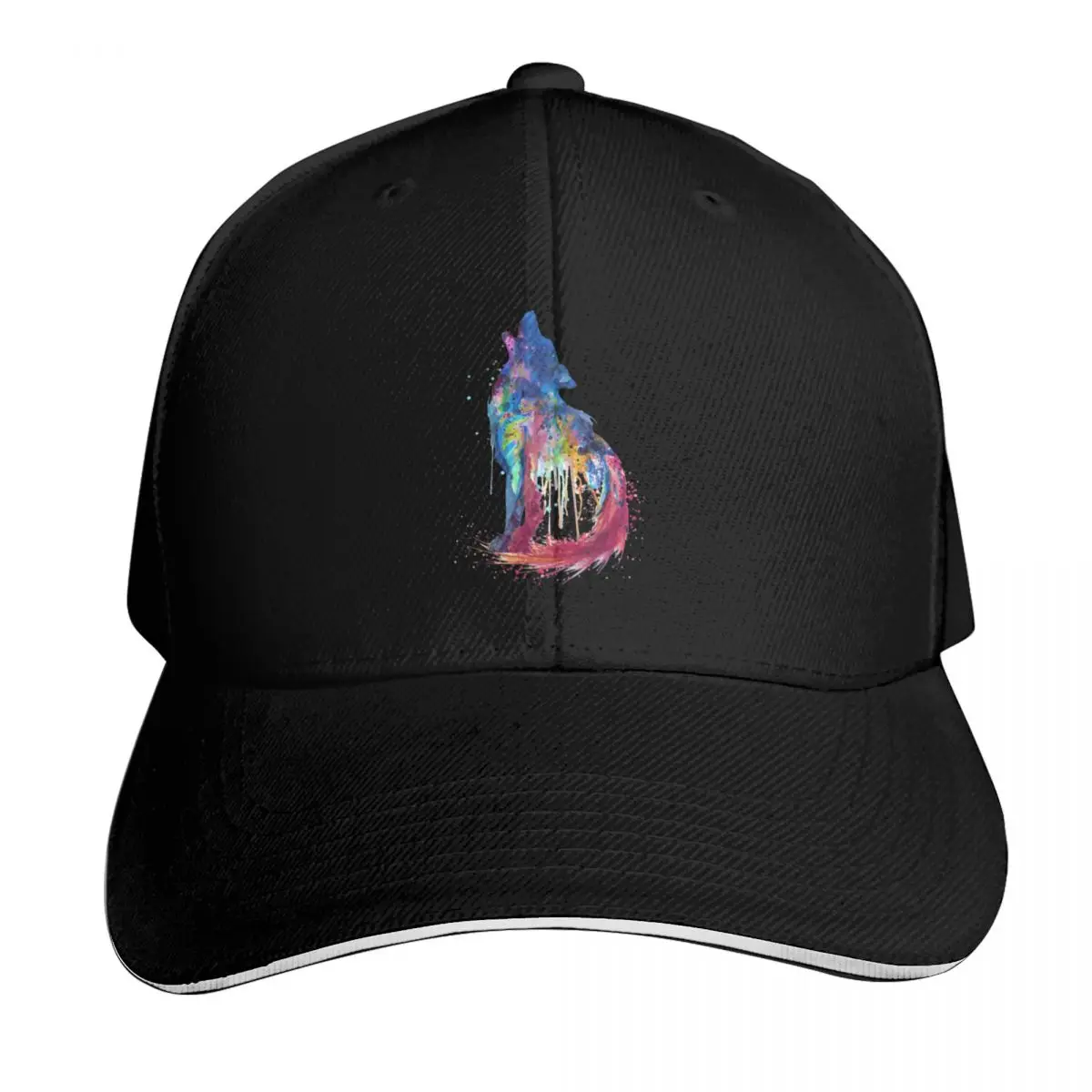 Gorra de béisbol con diseño de silueta de lobo ladrando en acuarela, en colores azul, granate y naranja, para hombre y mujer, ideal para uso casual en verano y para protegerse del sol.