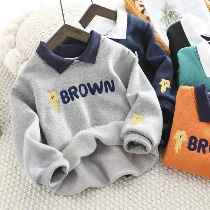 Winter Warm Boys Embroidery Alphabet Cartoon Fleece Lined Preppy Sweatshirt School Kids Jumper Coat Child Pullover Tops 3-14 Yrs