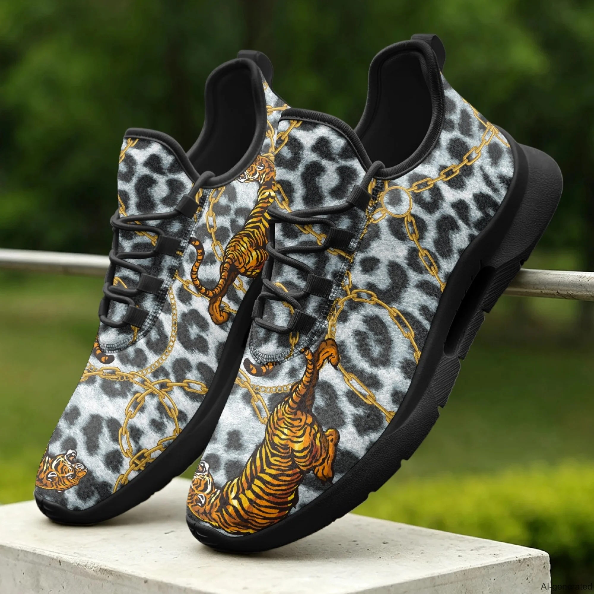 XIXIRIMIDO Lace-up Casual Shoes Men's Sneakers Breathable Mesh Walking Shoes Tiger Chain Print Women's Fashion Shoes 35-48
